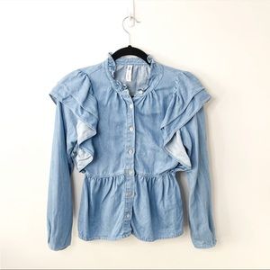 Zara light blue ruffles denim shirt button down shirt